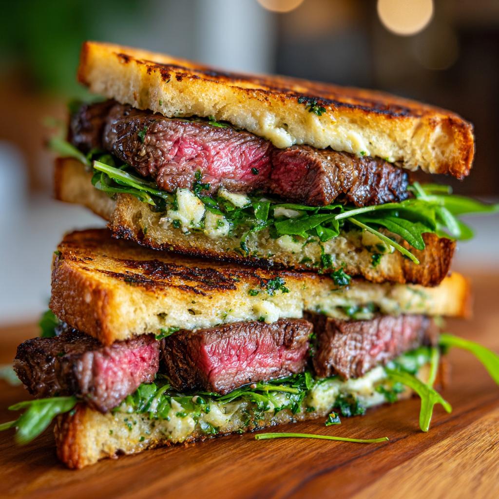 Nahaufnahme eines üppigen Steak-Sandwich mit Knoblauchbutter, gefüllt mit saftigem Steak und Rucola.