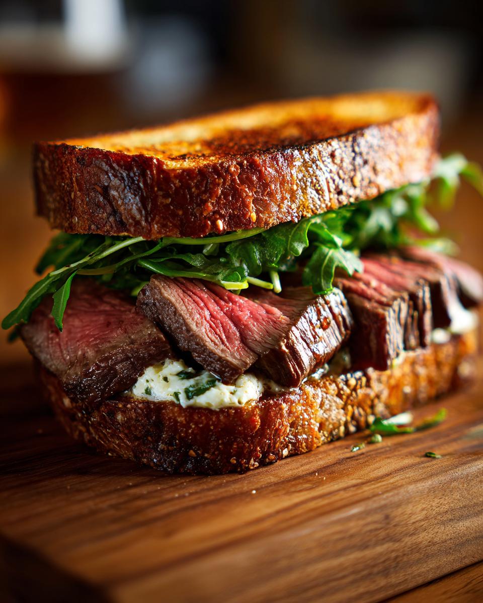 Nahaufnahme eines saftigen Steak-Sandwich mit Knoblauchbutter, Rucola und geröstetem Brot.
