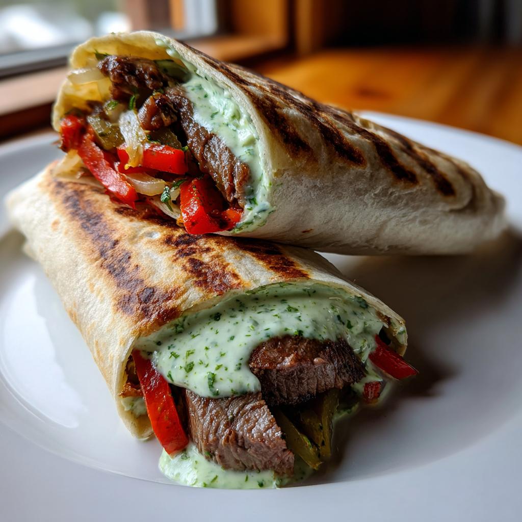 Zwei angeschnittene Steak-Wrap mit Kräutersauce, gefüllt mit saftigem Steak und Paprika.