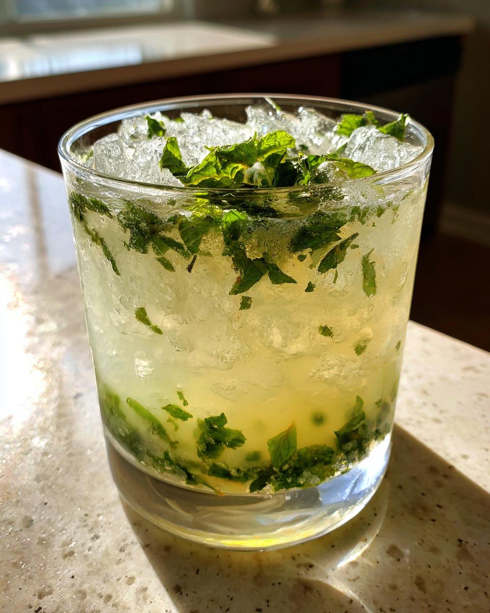 Nahaufnahme eines kühlen Glases mit Super erfrischende Minzlimonade, gefüllt mit zerstoßenem Eis und frischen Minzblättern.