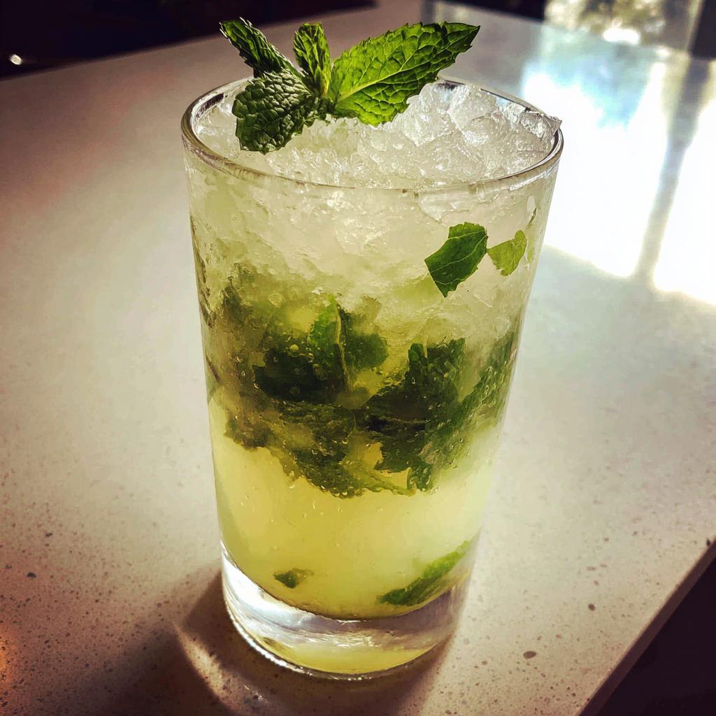 Nahaufnahme eines hohen Glases mit Super erfrischende Minzlimonade, gefüllt mit zerstoßenem Eis und frischen Minzblättern.