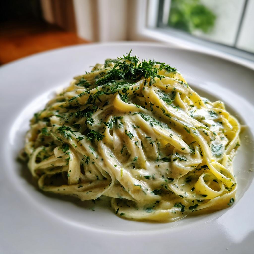 Teller mit cremigem Tagliatelle in Kräuterrahm, üppig mit frischen Kräutern bestreut.