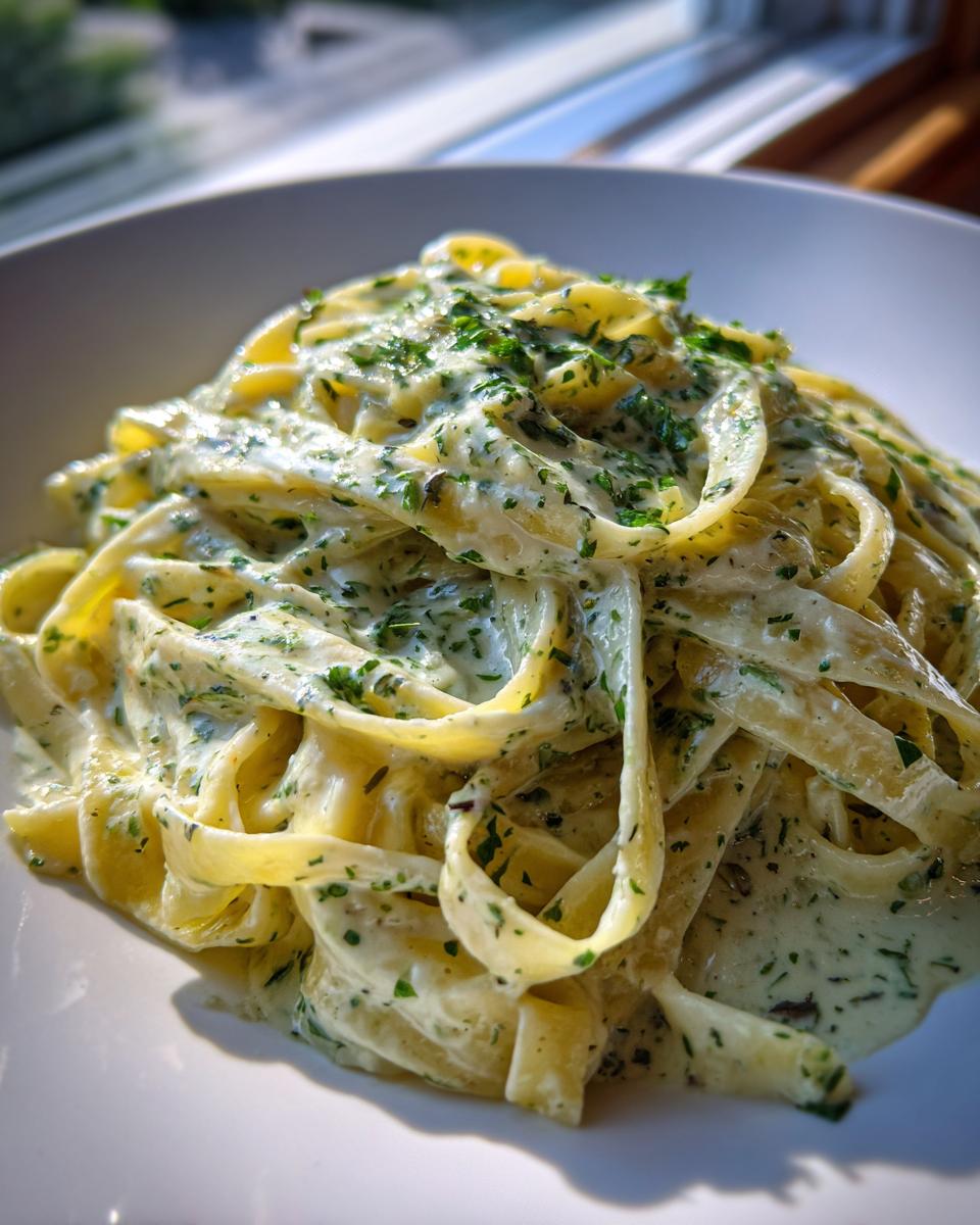 Nahaufnahme von Tagliatelle in Kräuterrahm, üppig bedeckt mit einer cremigen, grünen Kräutersoße.
