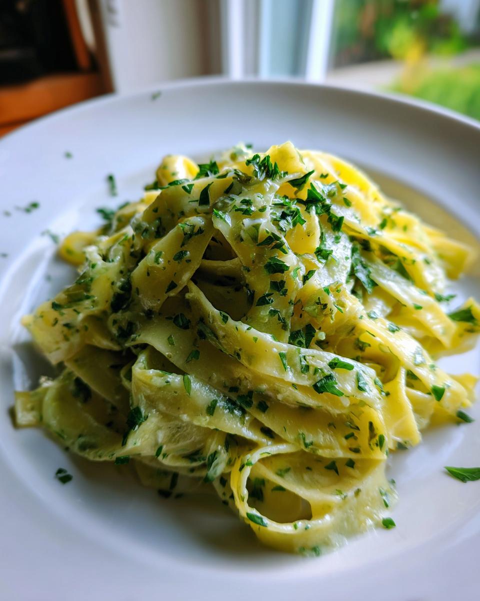Nahaufnahme von cremigen Tagliatelle in Kräuterrahm, garniert mit frischer Petersilie.