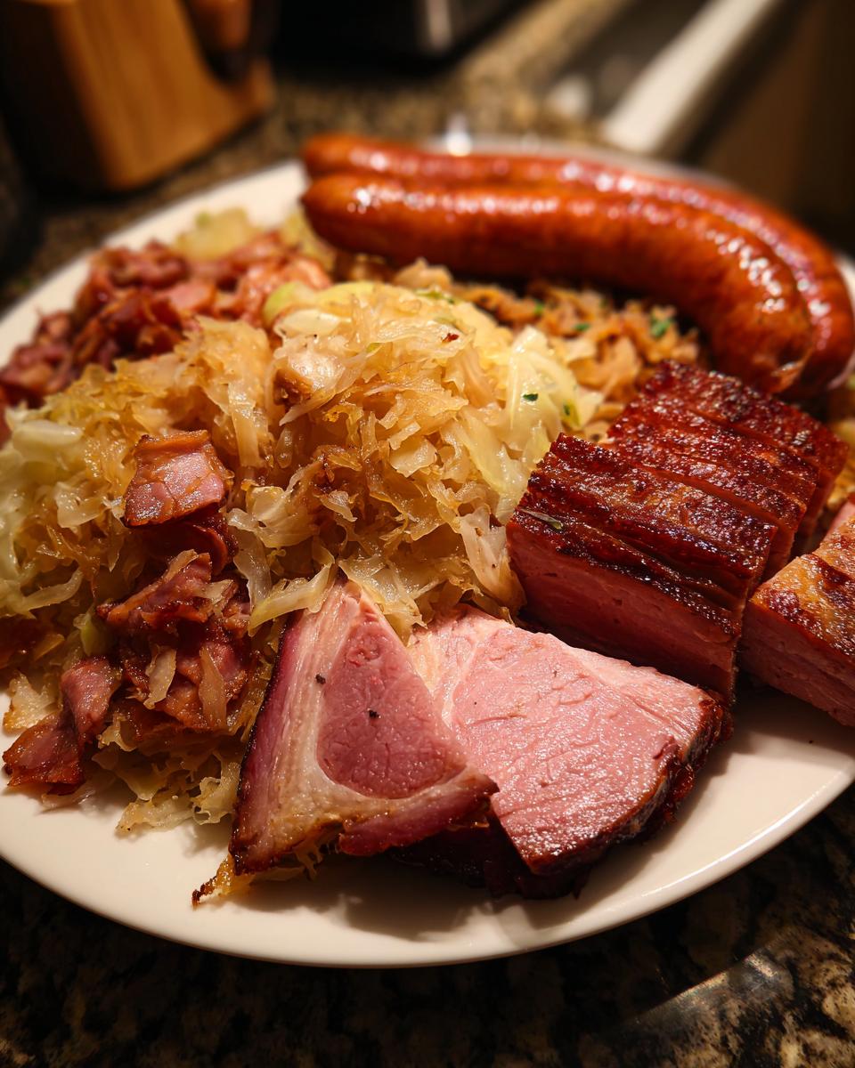 Ein Teller voller deftigem Choucroute Garnie (Elsässisches Sauerkraut) mit verschiedenen Fleischsorten und Würstchen.