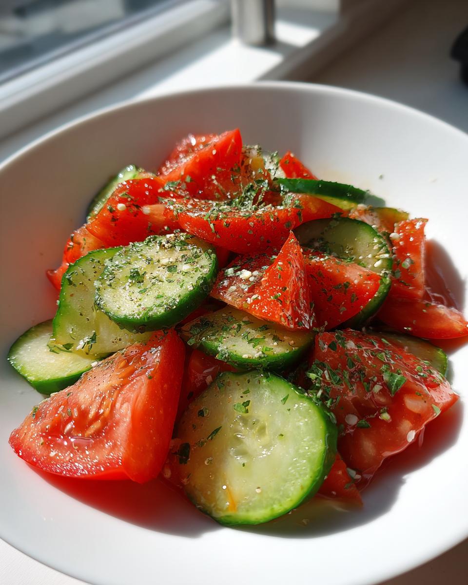 Nahaufnahme eines leuchtend roten Tomaten-Gurken-Salat, garniert mit getrockneten Kräutern.