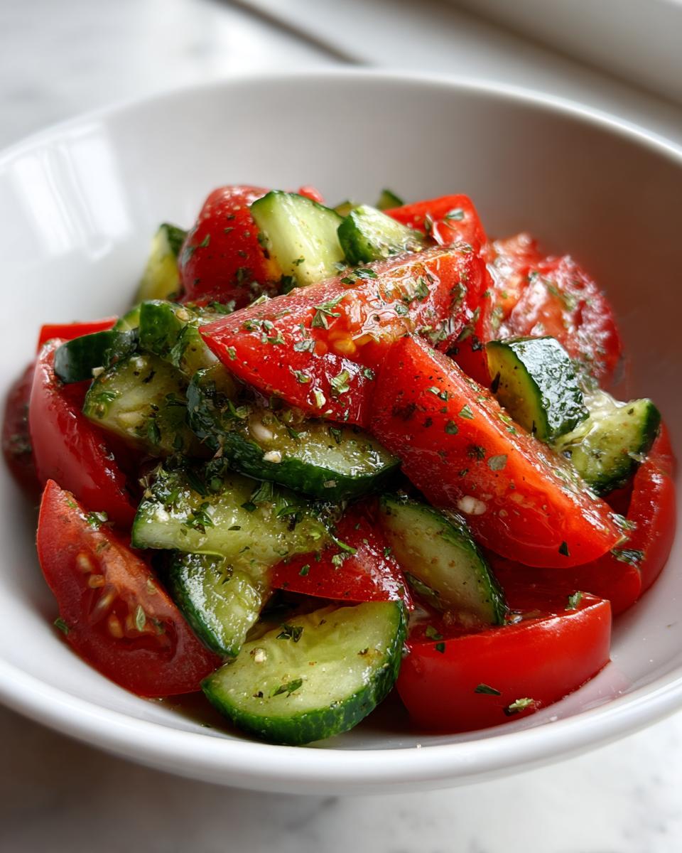 Nahaufnahme eines frischen Tomaten-Gurken-Salat in einer weißen Schüssel, üppig mit Kräutern mariniert.