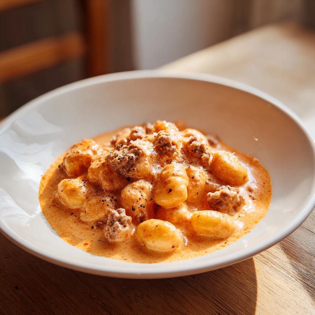 Nahaufnahme von cremigen Tomaten-Sahne-Gnocchi mit Hackfleisch in einer weißen Schüssel.