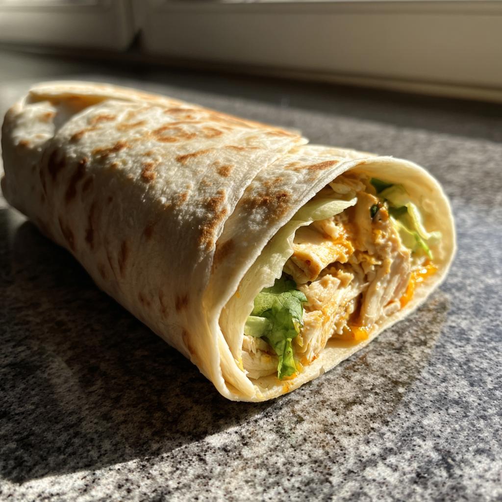 Ein perfekt gerollter Tortilla-Wrap mit Knoblauchhähnchen und frischem Salat, bereit zum Genuss.