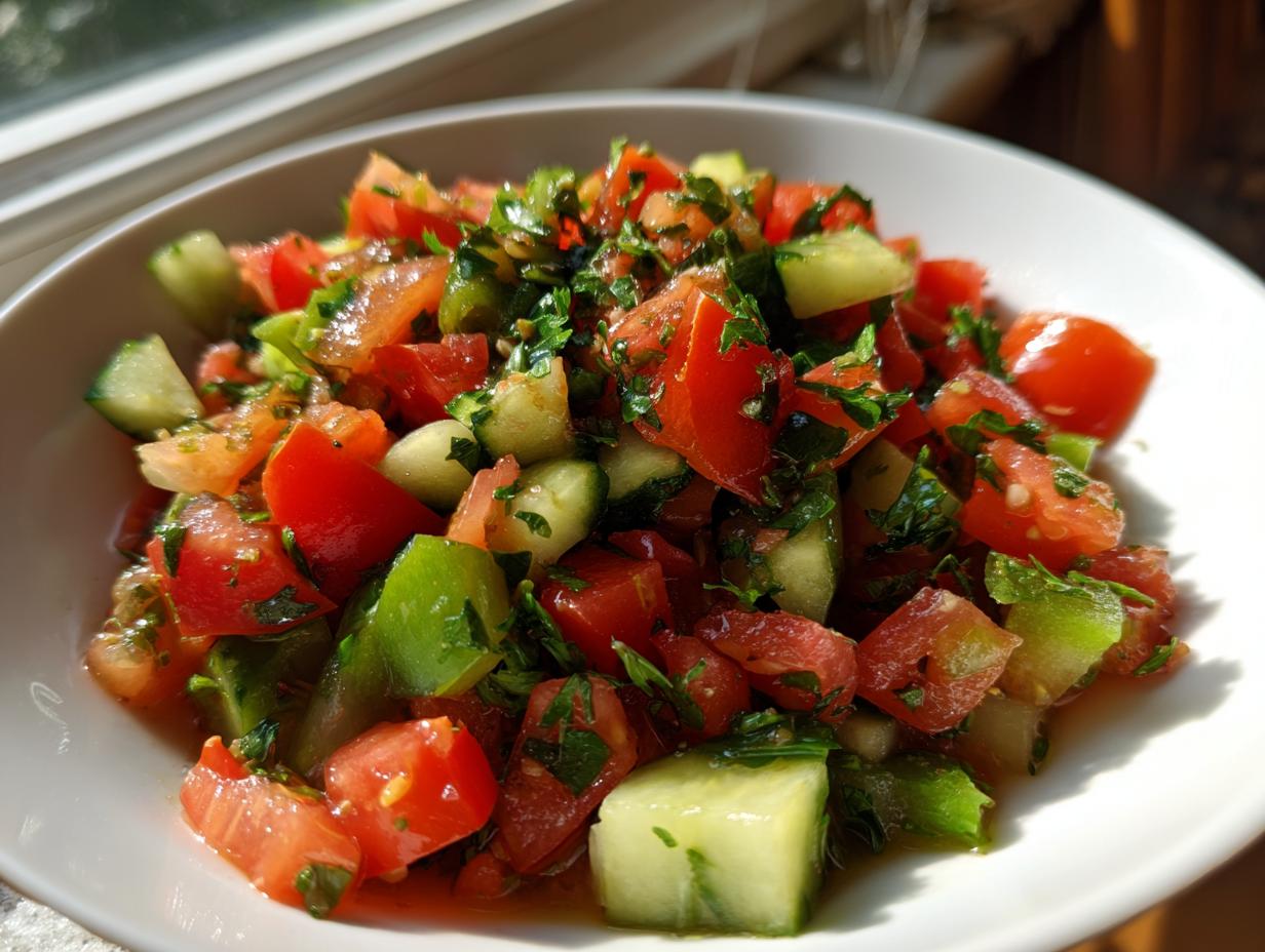 Nahaufnahme von würfelig geschnittenen Tomaten und Gurken im Türkischen Çoban Salat, garniert mit Petersilie.