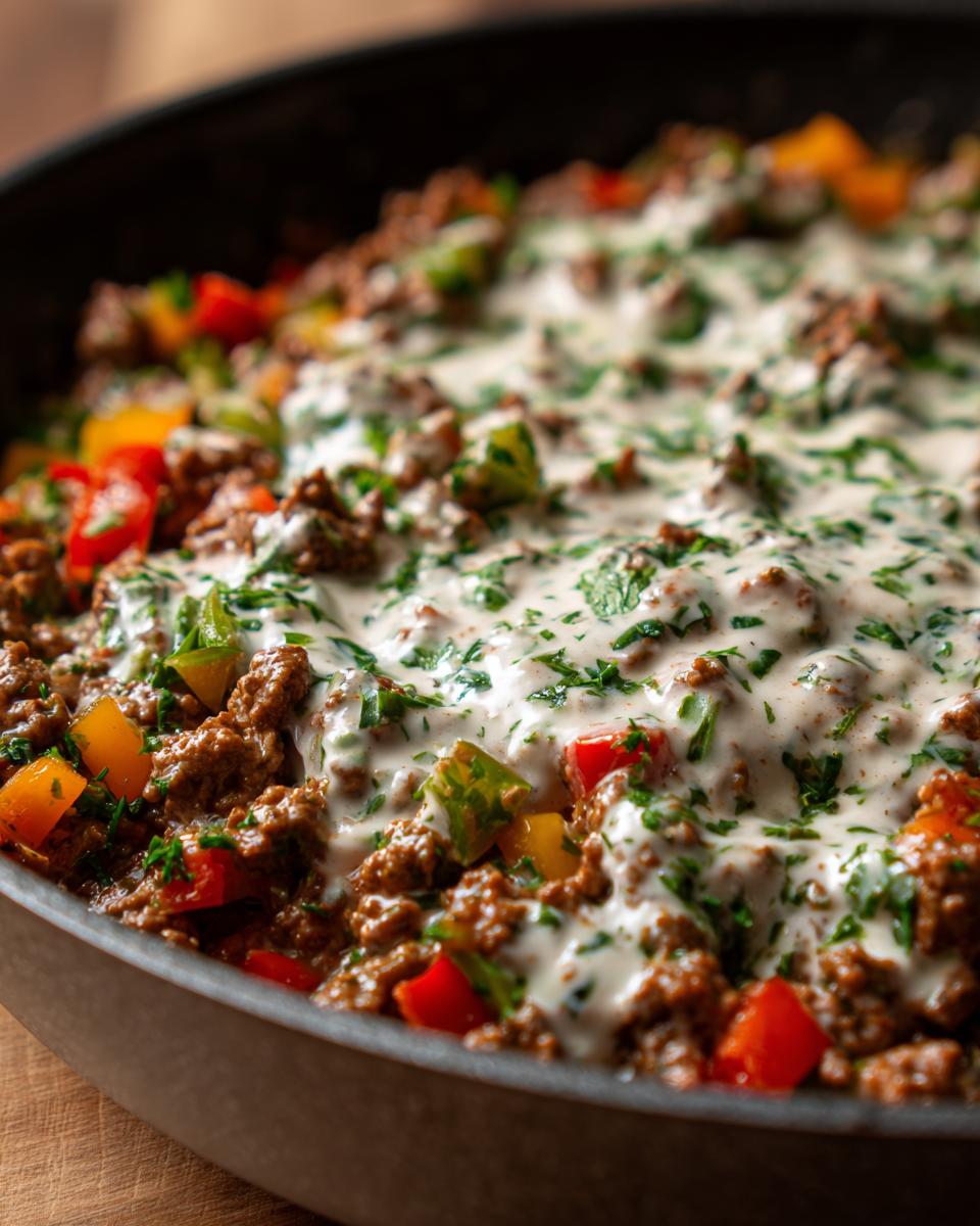 Nahaufnahme der Ungarische Hackfleischpfanne mit Kräuter-Sahnesoße und bunten Paprikawürfeln in einer dunklen Pfanne.