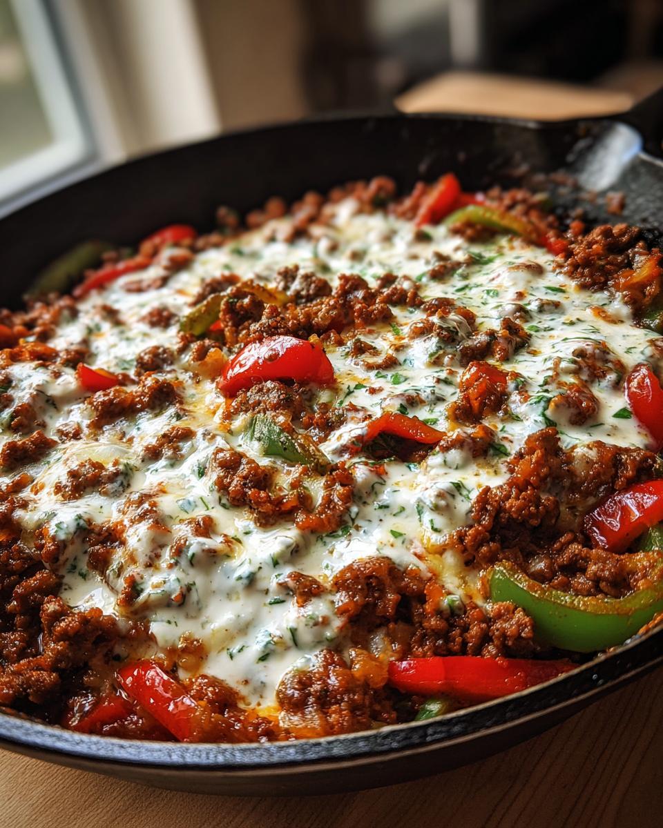 Nahaufnahme der Ungarische Hackfleischpfanne mit Kräuter-Sahnesoße und bunten Paprikastücken in einer gusseisernen Pfanne.