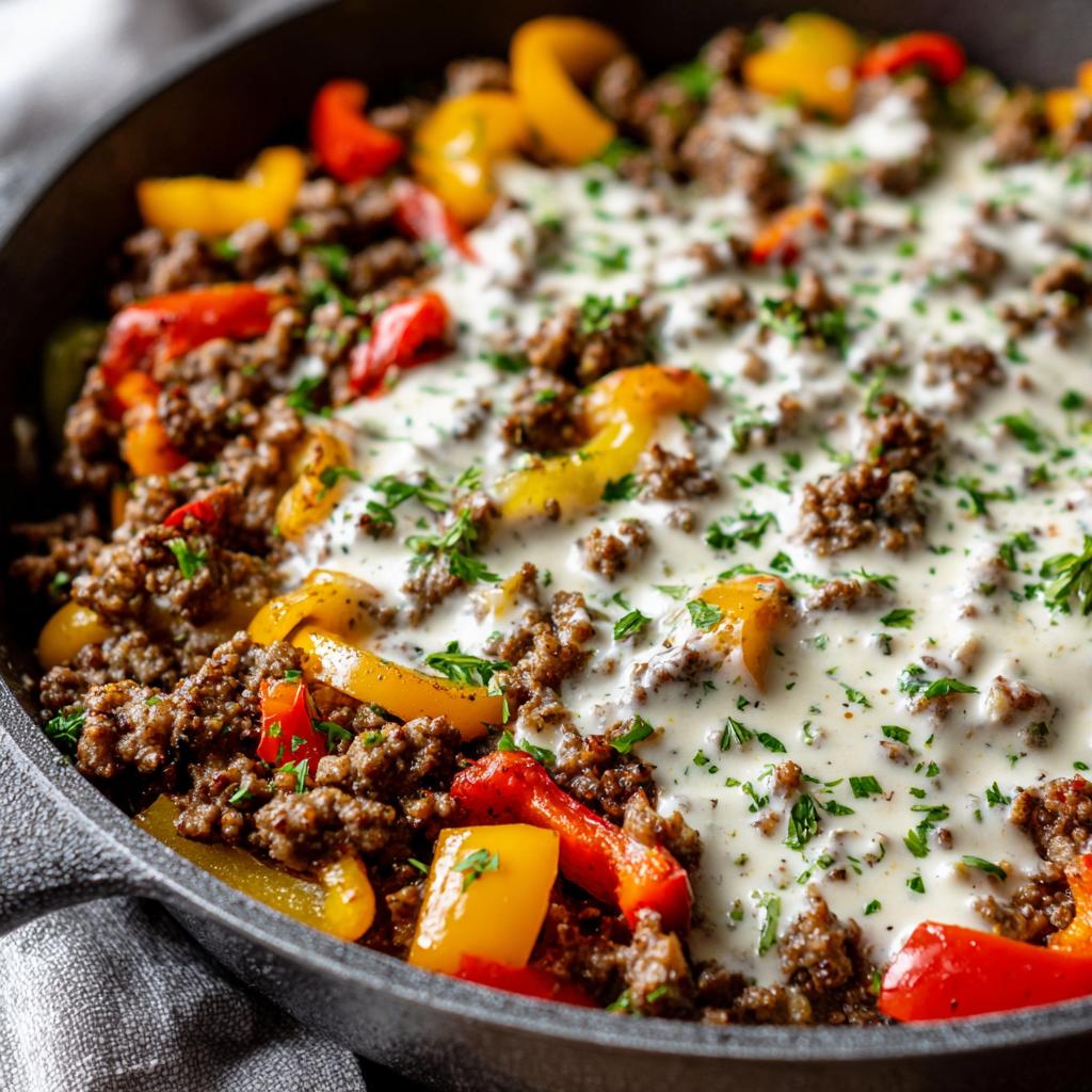 Nahaufnahme der Ungarische Hackfleischpfanne mit Kräuter-Sahnesoße, Hackfleisch und bunten Paprikastreifen.