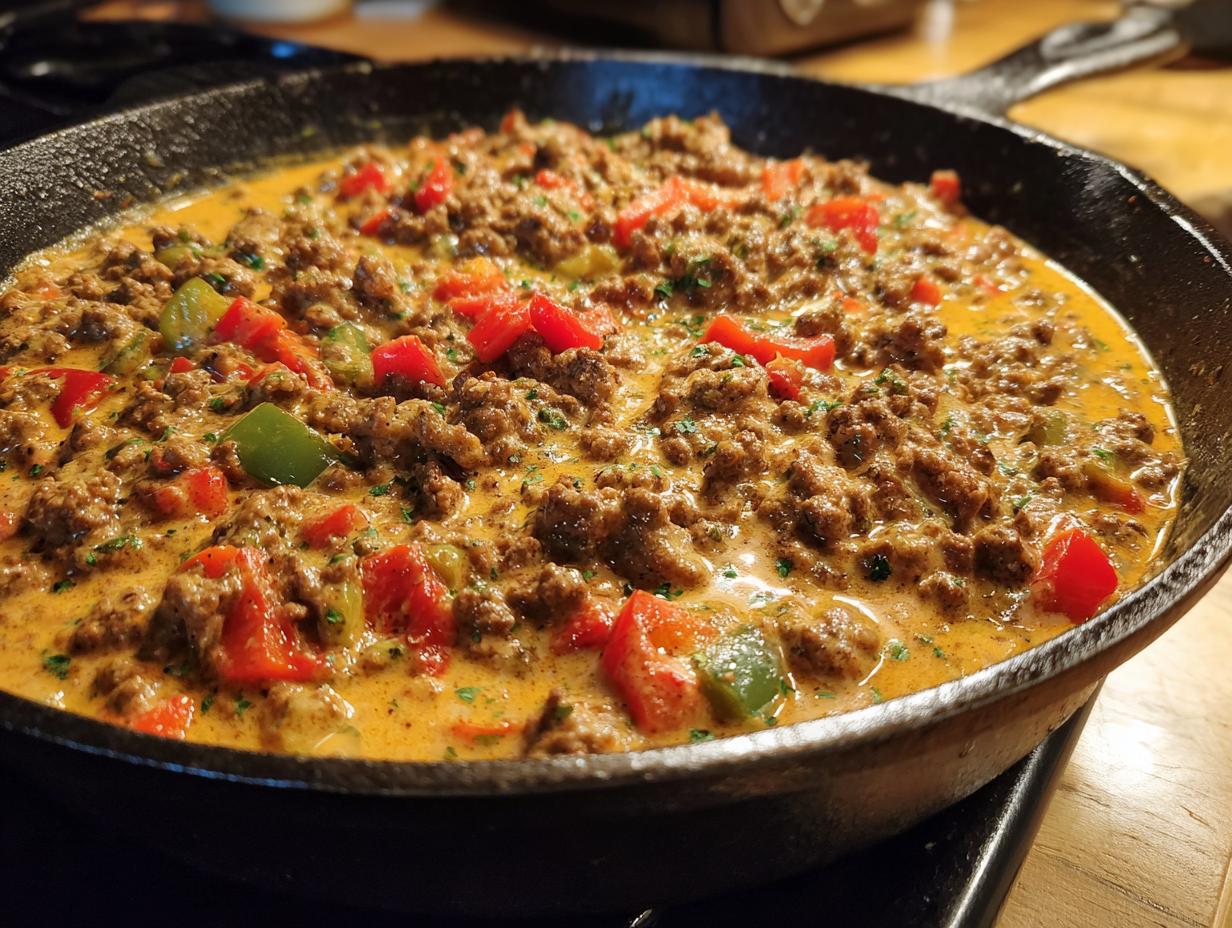 Nahaufnahme der Ungarische Hackfleischpfanne mit Kräuter-Sahnesoße und Paprikastücken in einer gusseisernen Pfanne.