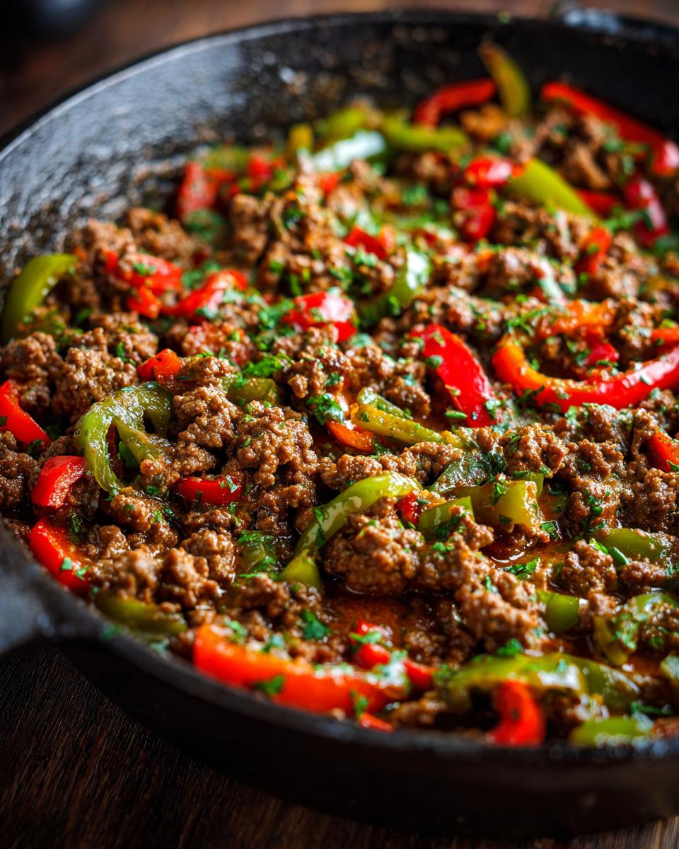 Nahaufnahme der Ungarische Hackfleischpfanne mit viel Hackfleisch und leuchtend roten und grünen Paprikastreifen.
