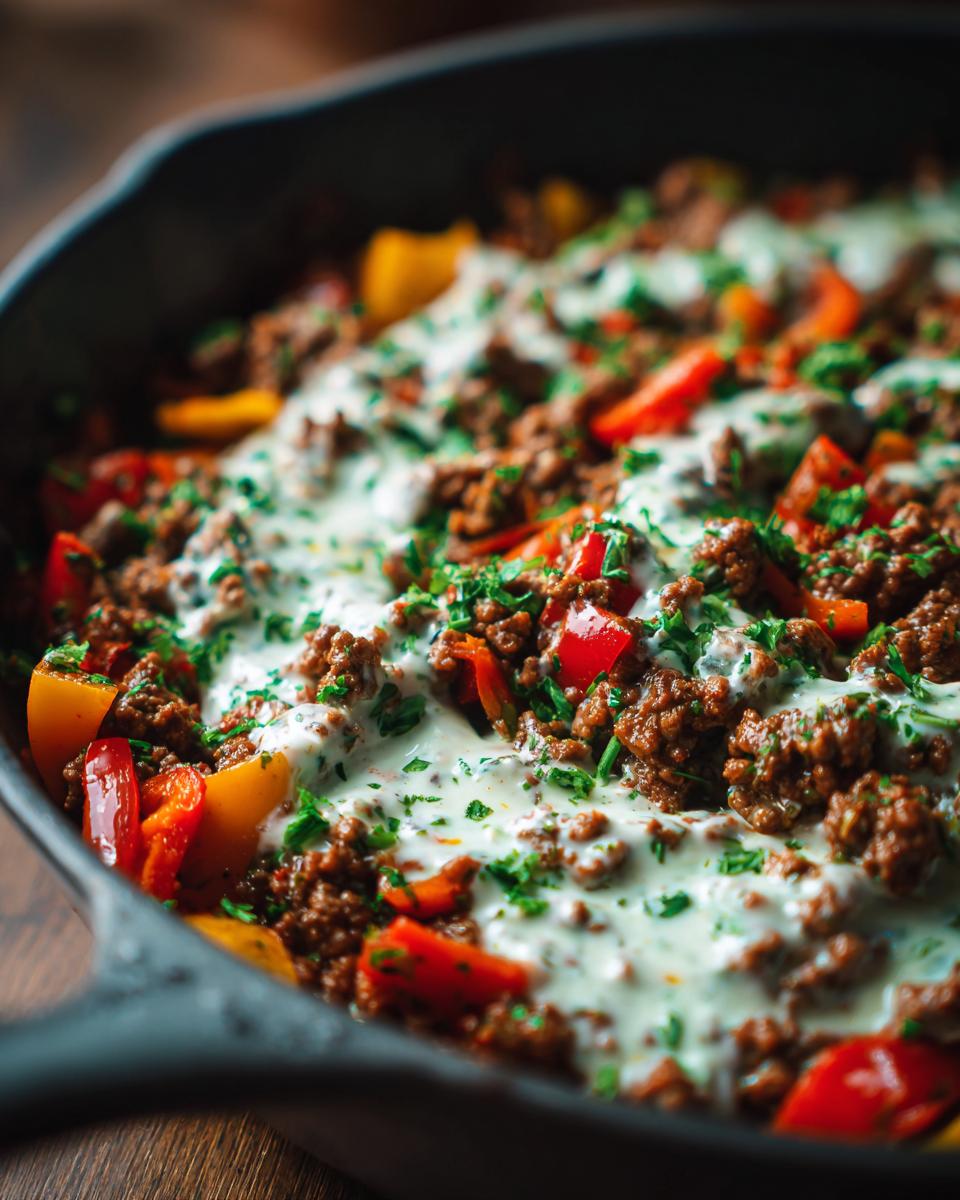 Nahaufnahme der Ungarische Hackfleischpfanne mit Kräuter-Sahnesoße und bunten Paprikastücken.