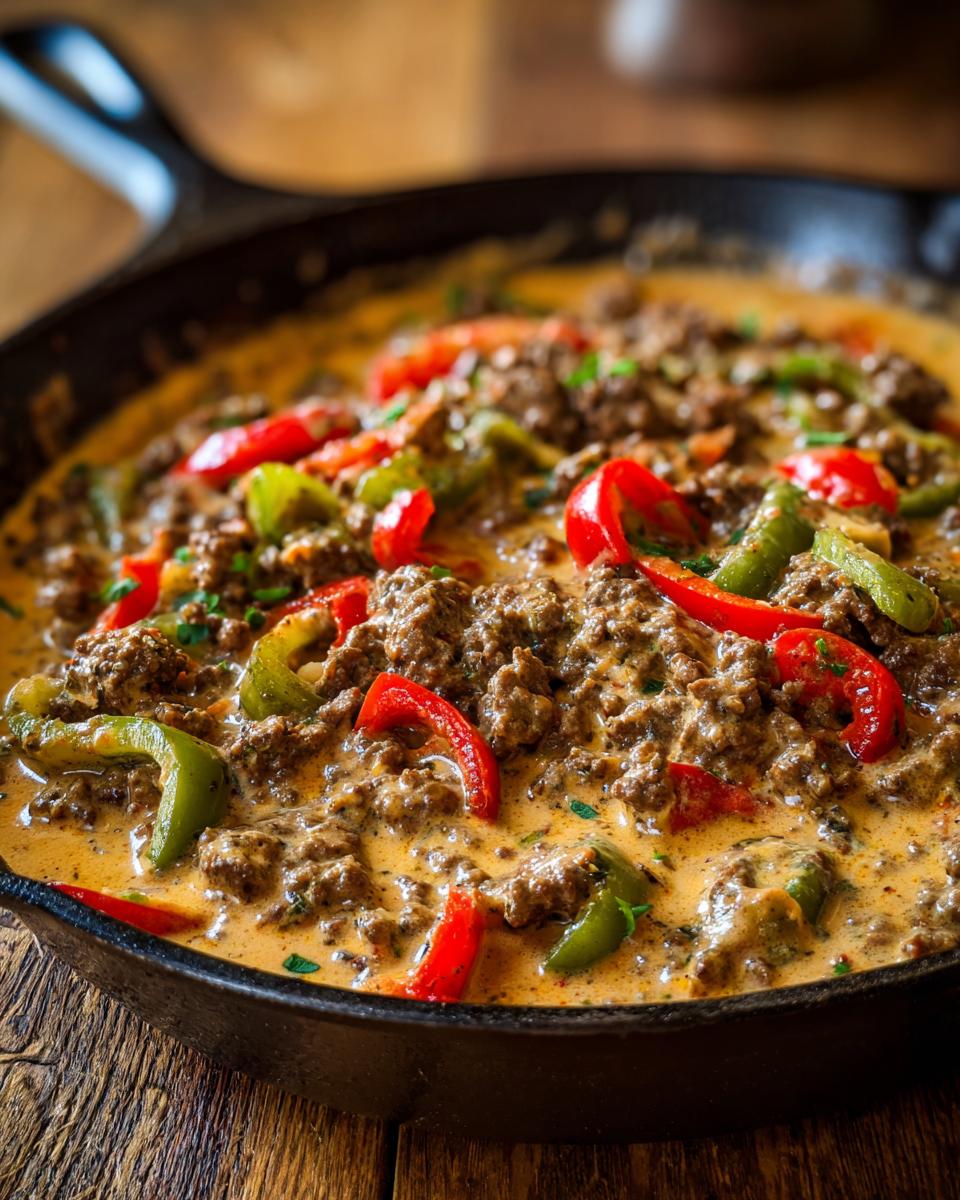 Nahaufnahme der Ungarische Hackfleischpfanne mit Kräuter-Sahnesoße und bunten Paprikastreifen in einer gusseisernen Pfanne.