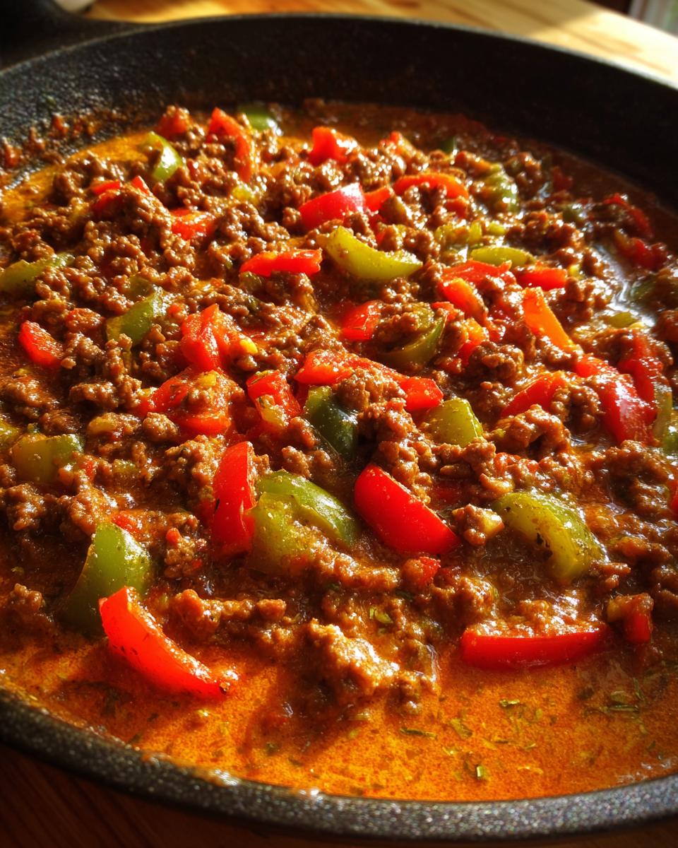 Nahaufnahme der Ungarische Hackfleischpfanne mit Kräuter-Sahnesoße und bunten Paprikastücken in einer dunklen Pfanne.