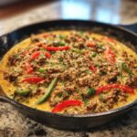 Nahaufnahme der Ungarische Hackfleischpfanne mit Kräuter-Sahnesoße und Paprikastreifen in einer gusseisernen Pfanne.