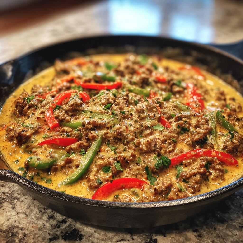 Nahaufnahme der Ungarische Hackfleischpfanne mit Kräuter-Sahnesoße und Paprikastreifen in einer gusseisernen Pfanne.