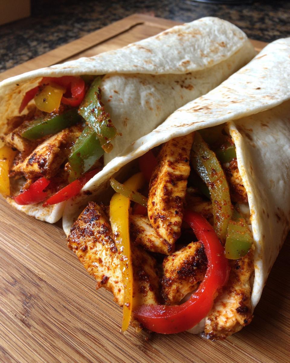 Zwei fertig gefüllte Fajita-Wrap mit Hähnchen und bunten Paprikastreifen auf einem Holzbrett.