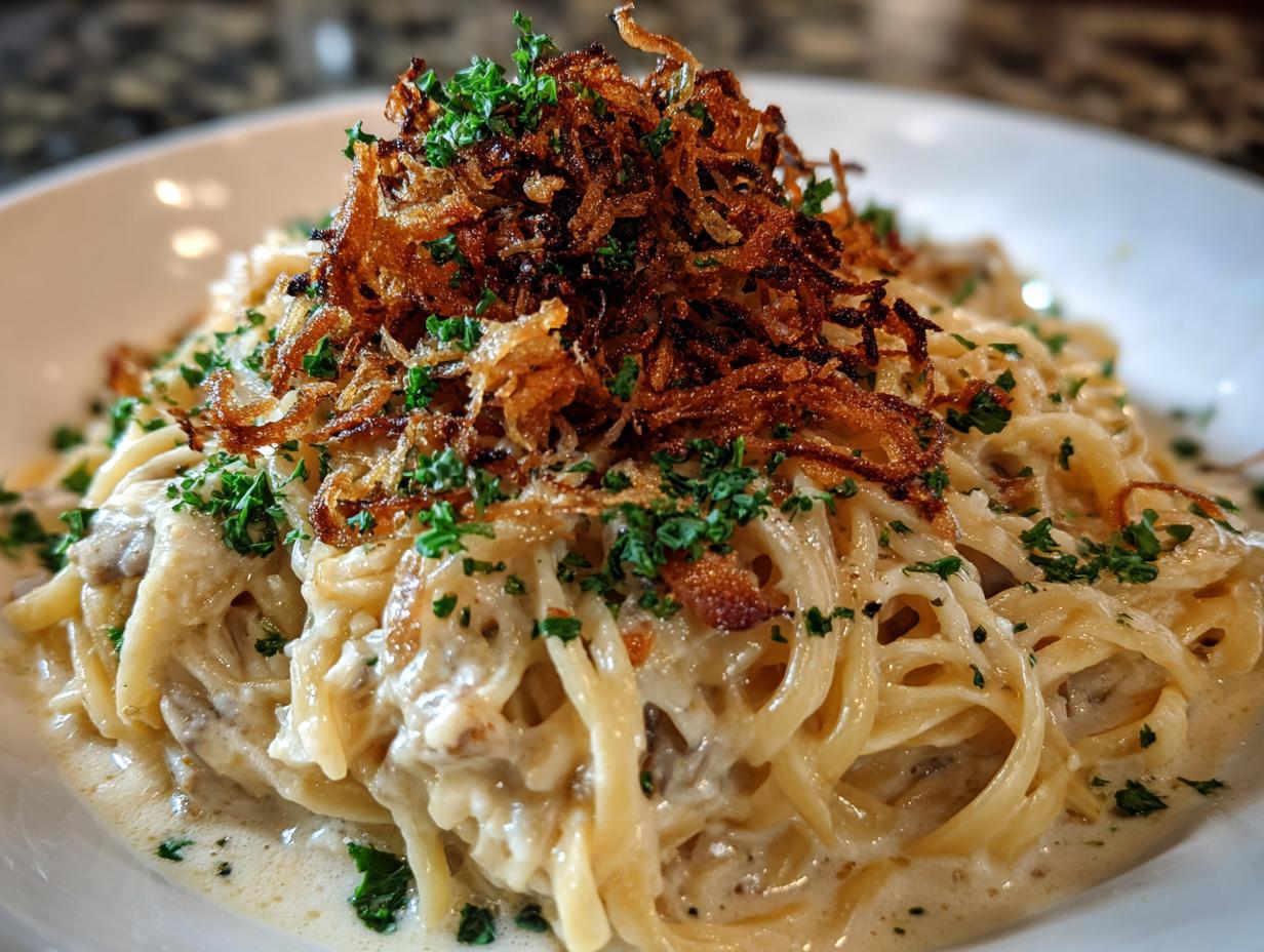 Pasta mit Rahmsauce und Röstzwiebeln: 25 Min