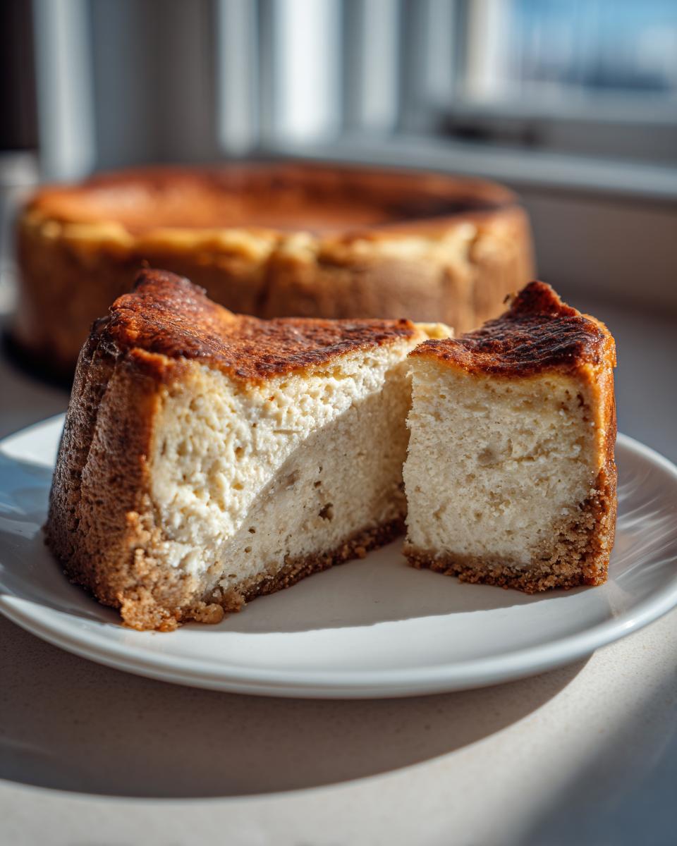 Ein Stück cremiger Bananenbrot-Cheesecake auf einem weißen Teller, der ganze Kuchen steht unscharf im Hintergrund.