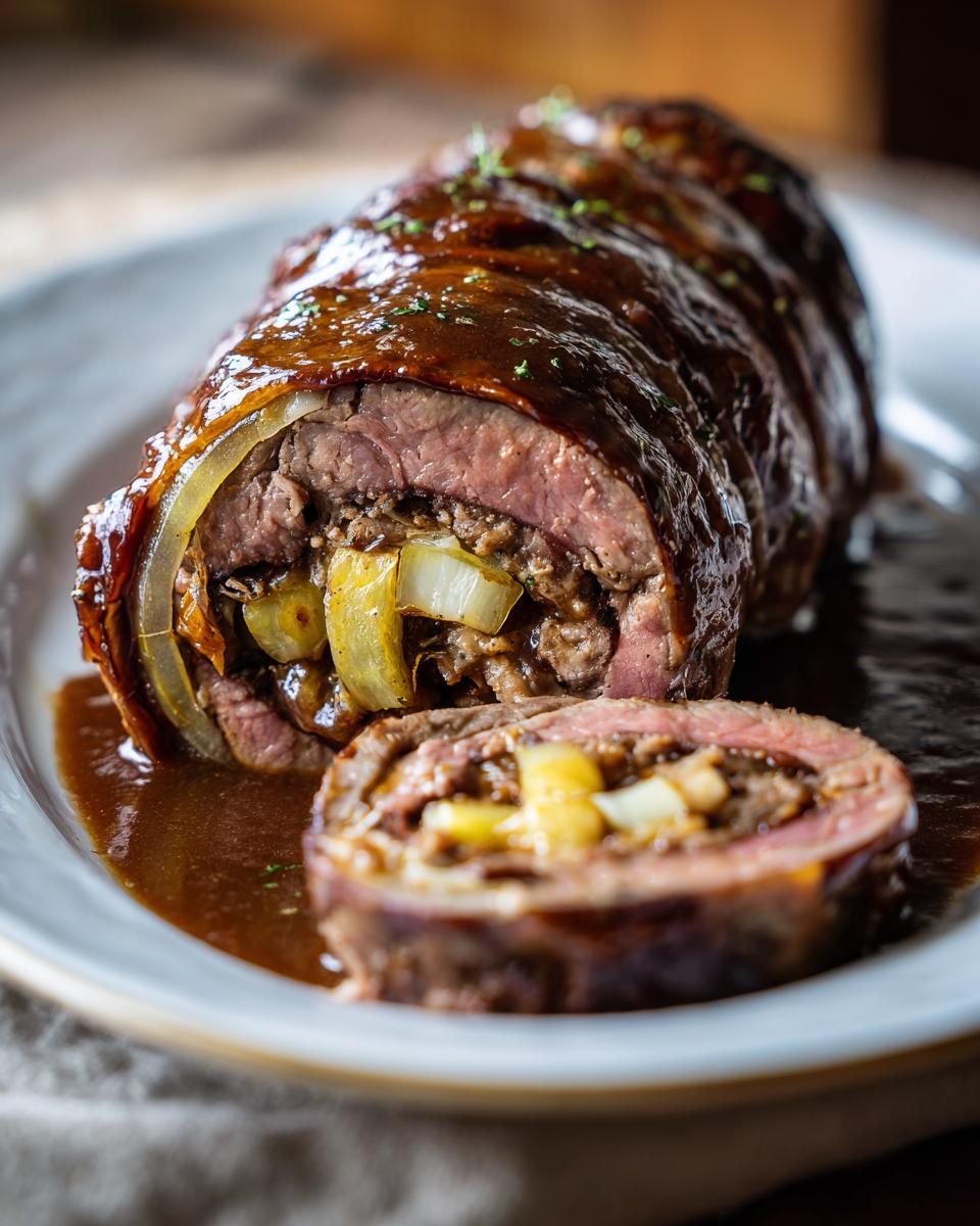 Aufgeschnittene Rinderrouladen Hausfrauenart, saftig und glasiert mit dunkler Soße auf einem Teller.
