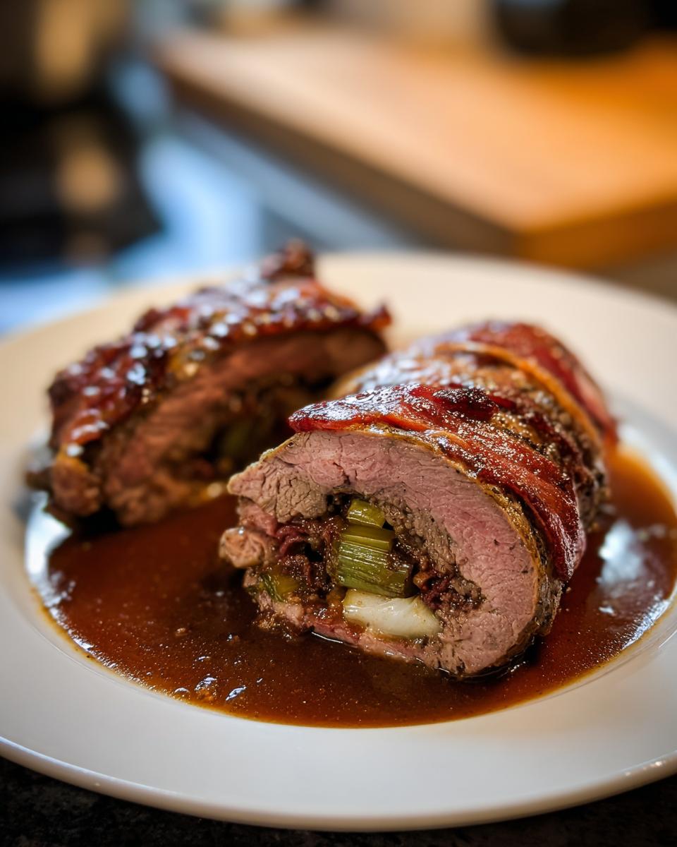 Anschnitt von saftigen Rinderrouladen Hausfrauenart, umwickelt mit Speck und gefüllt mit Gemüse, in dunkler Soße.