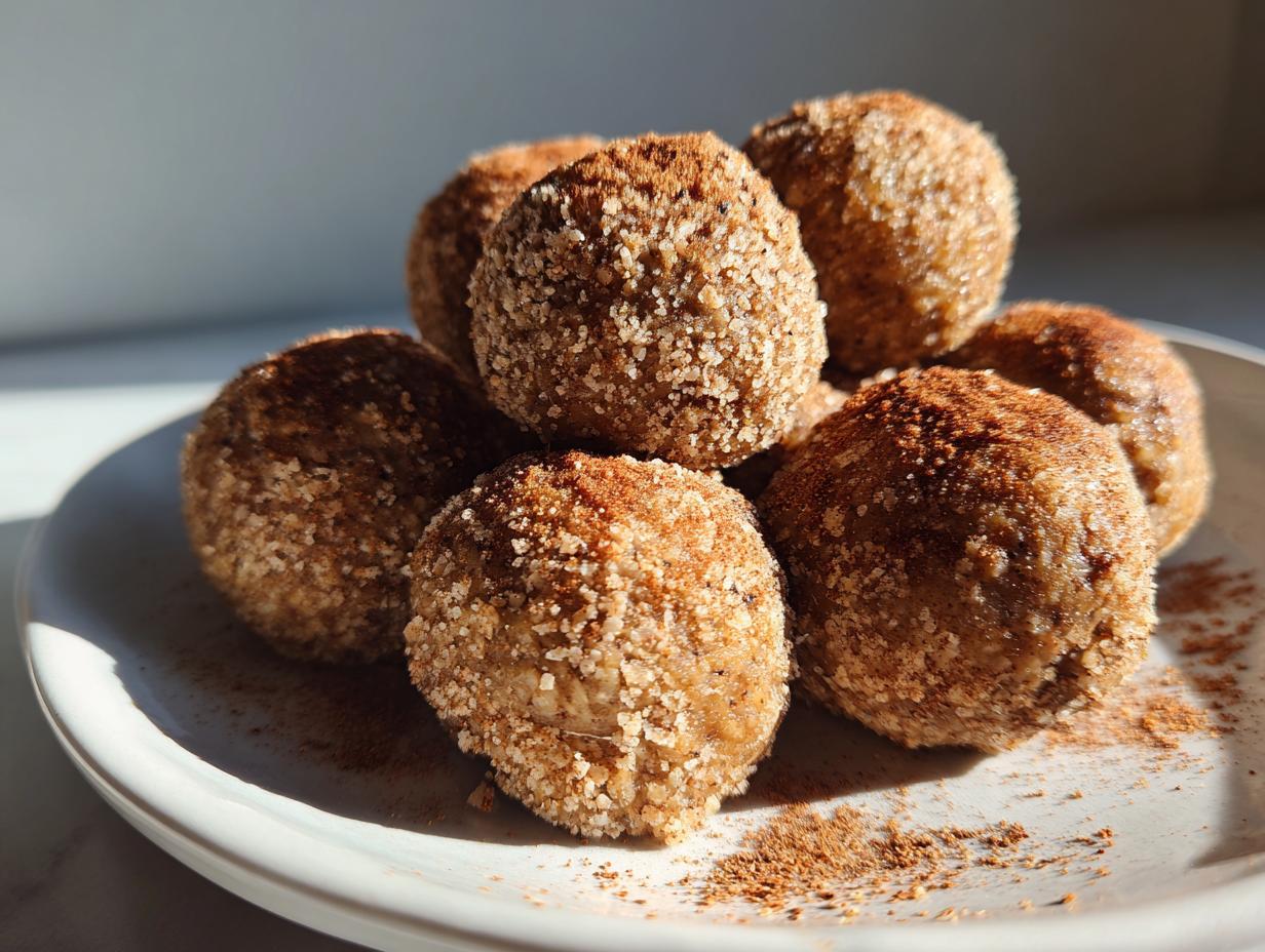 Nahaufnahme von mehreren Apfel-Zimt-Protein-Bällchen, bestreut mit Zucker und Zimt, auf einem weißen Teller.