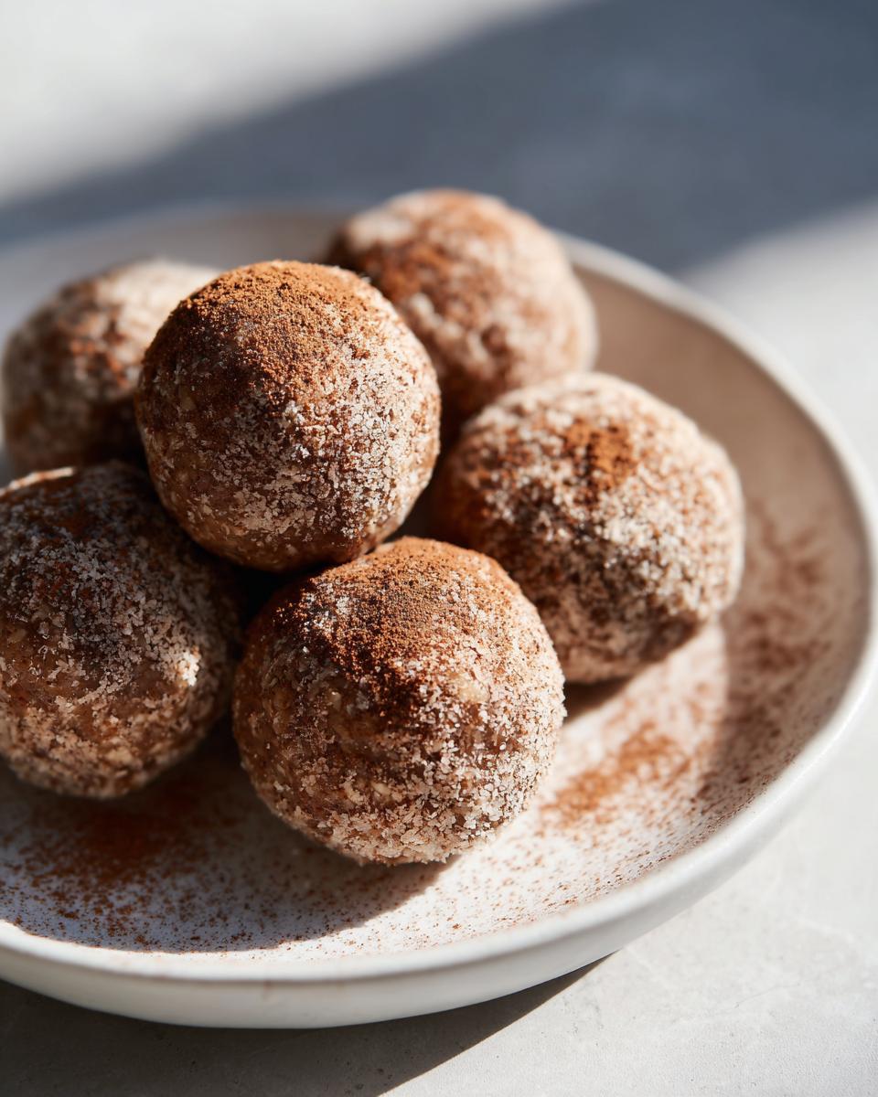 Nahaufnahme von mehreren Apfel-Zimt-Protein-Bällchen, bestäubt mit Zimt und Zucker.