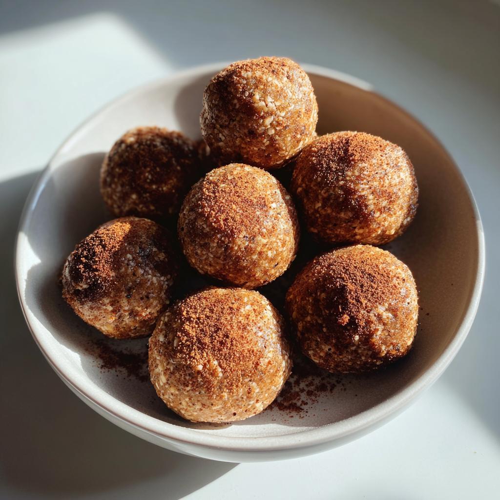 Nahaufnahme von mehreren Apfel-Zimt-Protein-Bällchen, bestäubt mit Zimt, in einer hellen Schale.