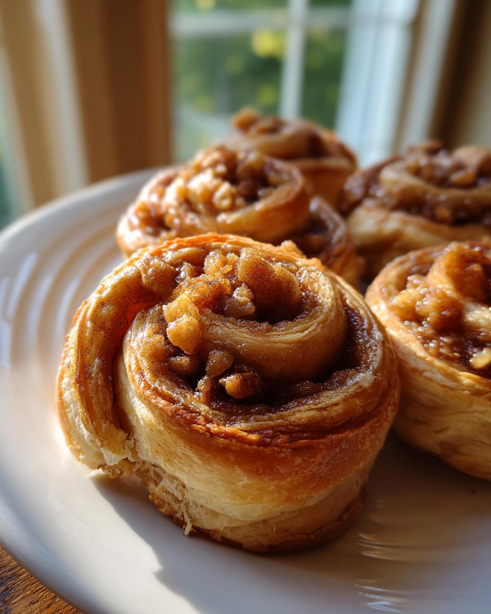 Nahaufnahme von saftigen Apfel-Zimt-Roll-Ups aus Blätterteig auf einem weißen Teller, im Sonnenlicht.
