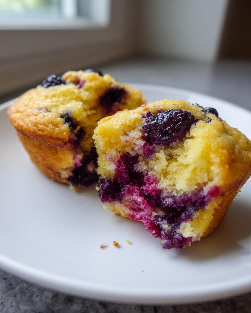 Nahaufnahme eines aufgeschnittenen Zitronen-Blaubeer-Protein-Muffins, der saftige blaue Füllung zeigt.
