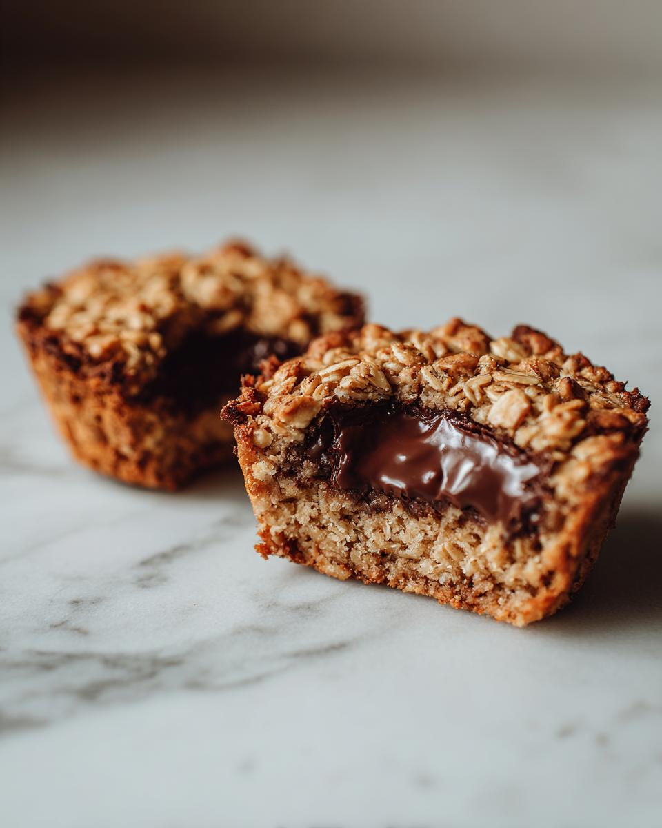 Nahaufnahme eines aufgeschnittenen Baked-Oats mit flüssigem Schokokern, der herausläuft.