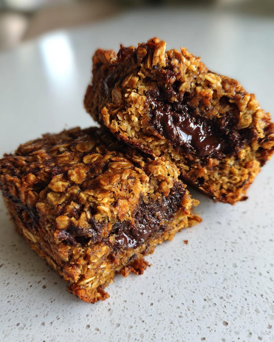 Nahaufnahme von zwei Hälften Baked-Oats mit flüssigem Schokokern, die den zartschmelzenden Kern zeigen.
