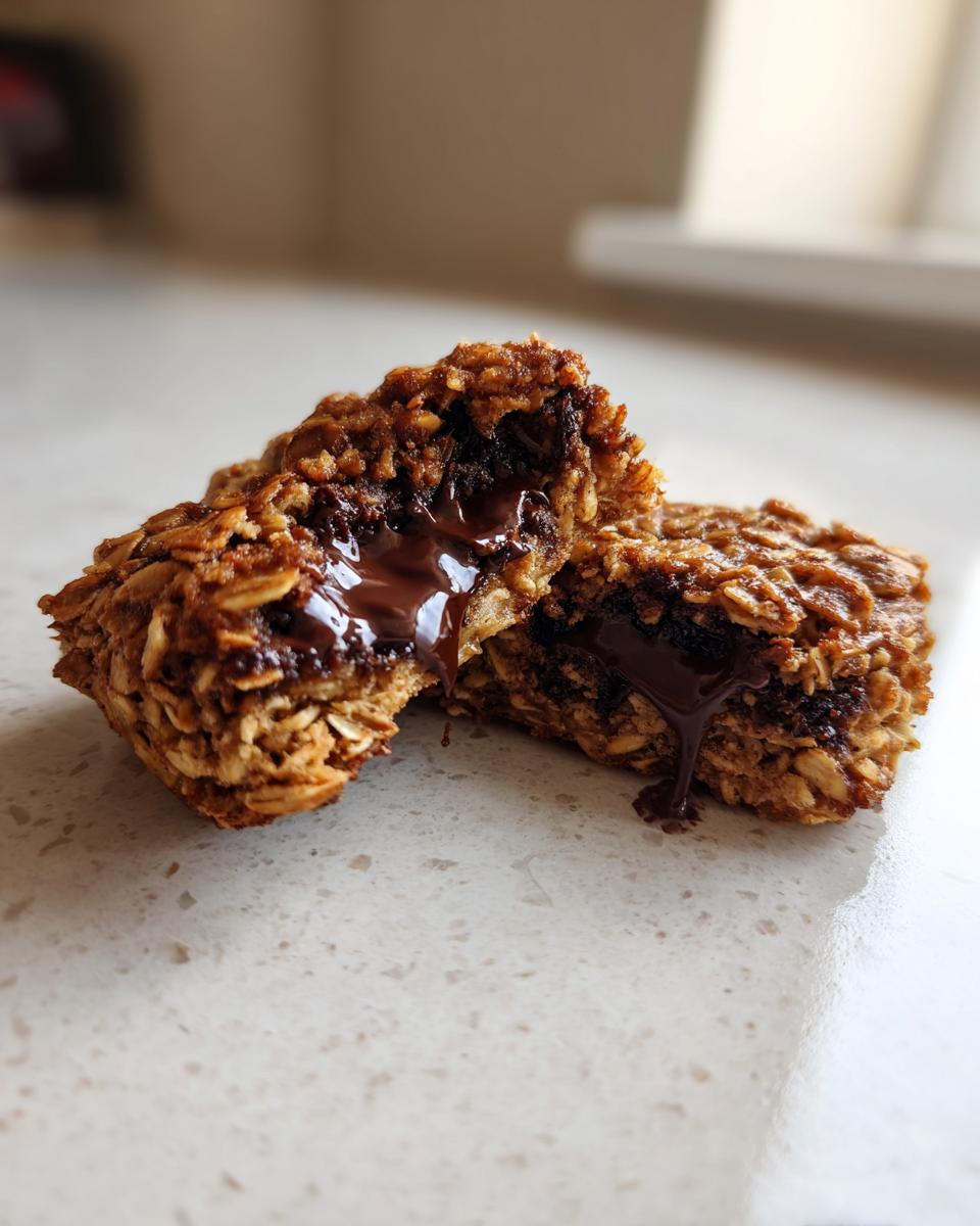 Zwei Hälften eines Baked-Oats mit flüssigem Schokokern, aus dem geschmolzene Schokolade tropft.