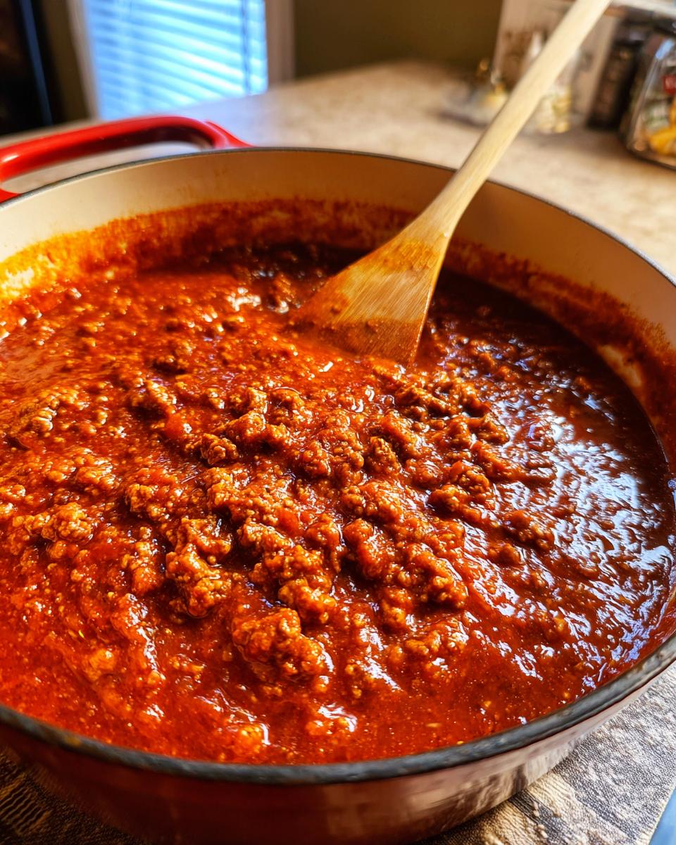 Nahaufnahme der Balkan-Hackpfanne mit Ajvar und Sahne, die in einem roten Topf köchelt und mit einem Holzlöffel umgerührt wird.