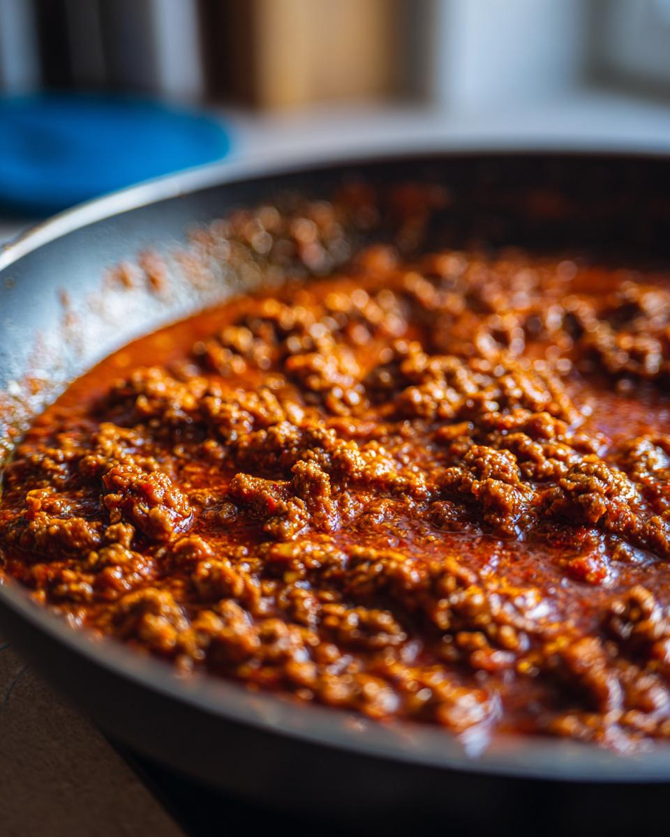 Nahaufnahme der würzigen Balkan-Hackpfanne mit Ajvar und Sahne in einer dunklen Pfanne.