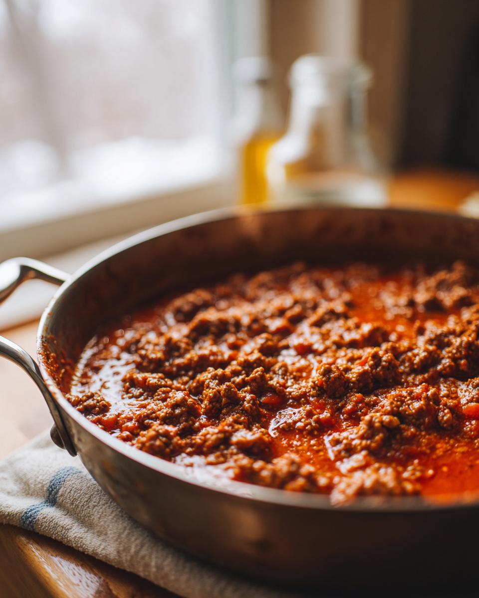 Nahaufnahme einer tiefroten Balkan-Hackpfanne mit Ajvar und Sahne in einer großen Pfanne, dampfend auf der Arbeitsplatte.