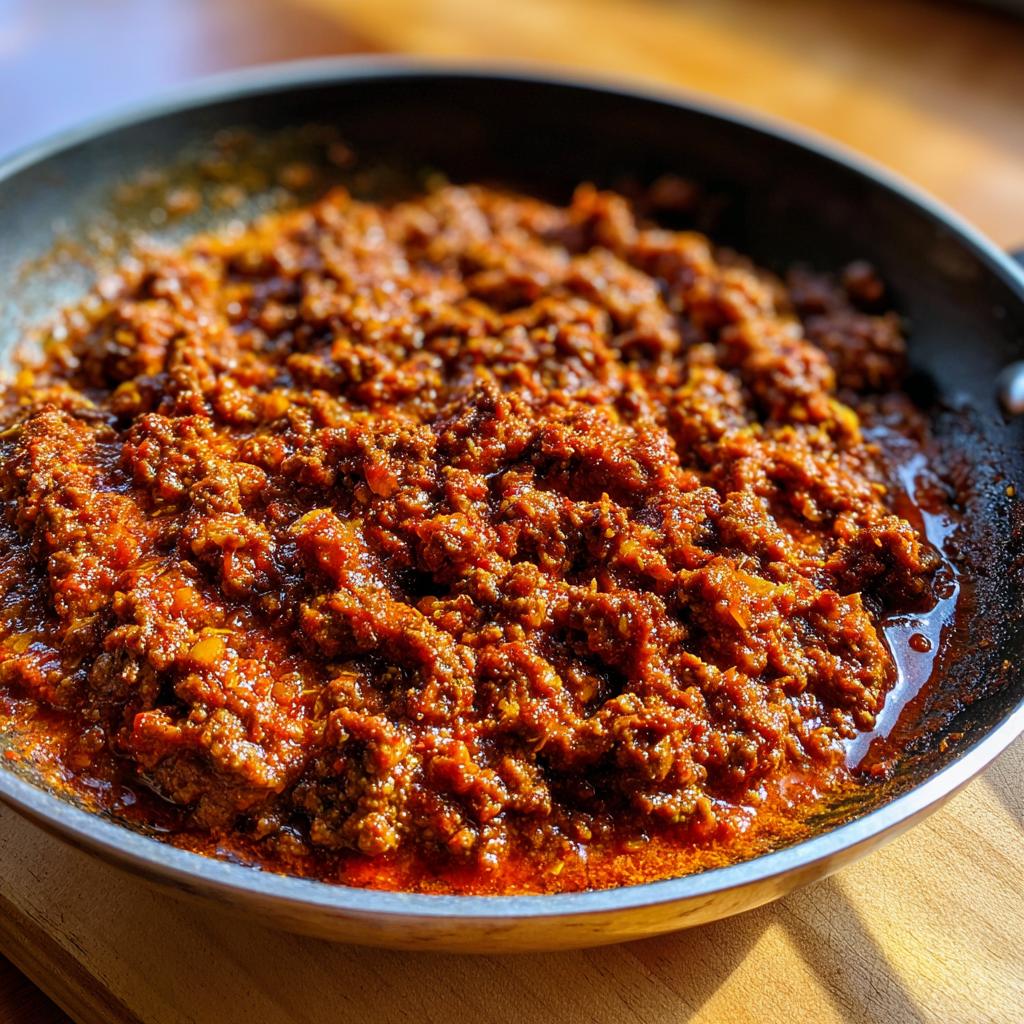 Nahaufnahme der würzigen Balkan-Hackpfanne mit Ajvar und Sahne, die in einer dunklen Pfanne köchelt.