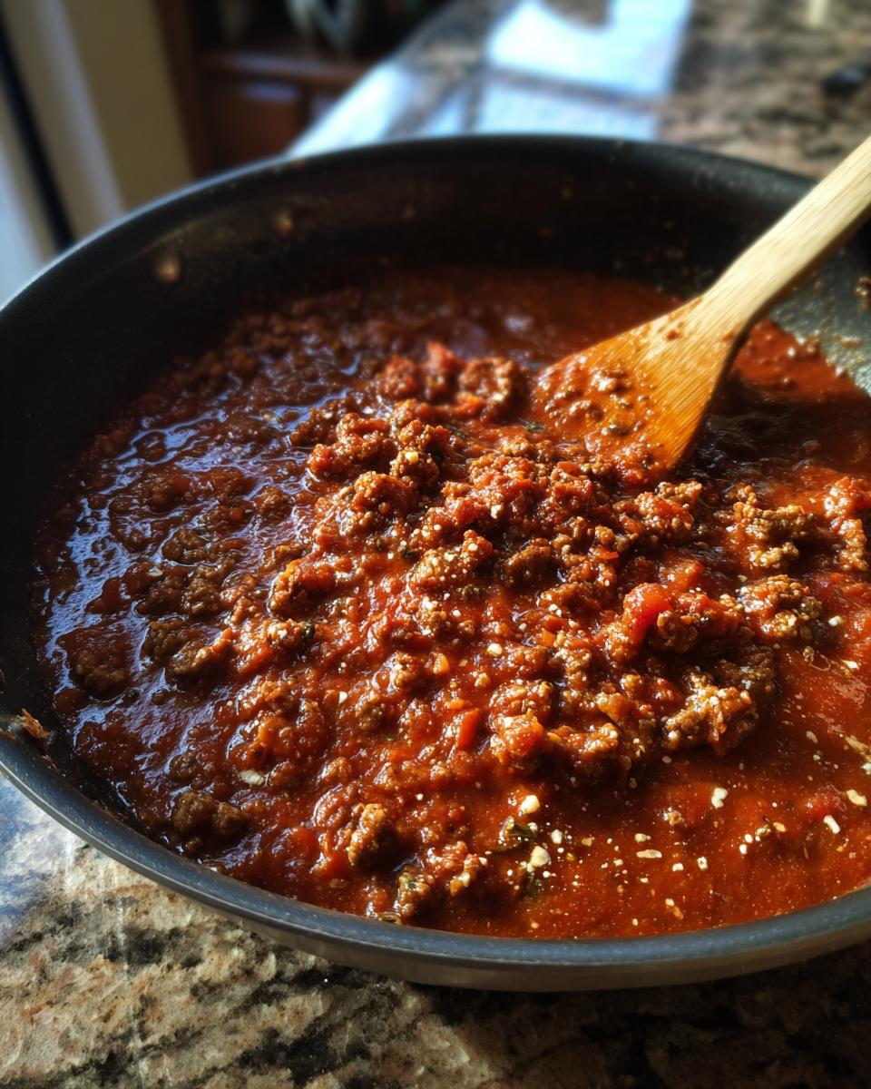 Nahaufnahme einer dunklen Pfanne mit köchelnder Balkan-Hackpfanne mit Ajvar und Sahne, gerührt mit einem Holzlöffel.