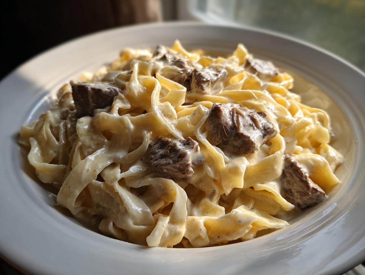 35 Min. Bandnudeln mit Rinderstreifen in Rahmsauce