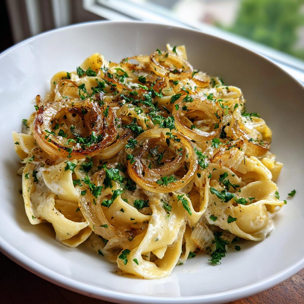 Nahaufnahme von cremigen Bandnudeln mit Zwiebelrahm, garniert mit knusprigen Ringen von gebratenen Zwiebeln und Petersilie.