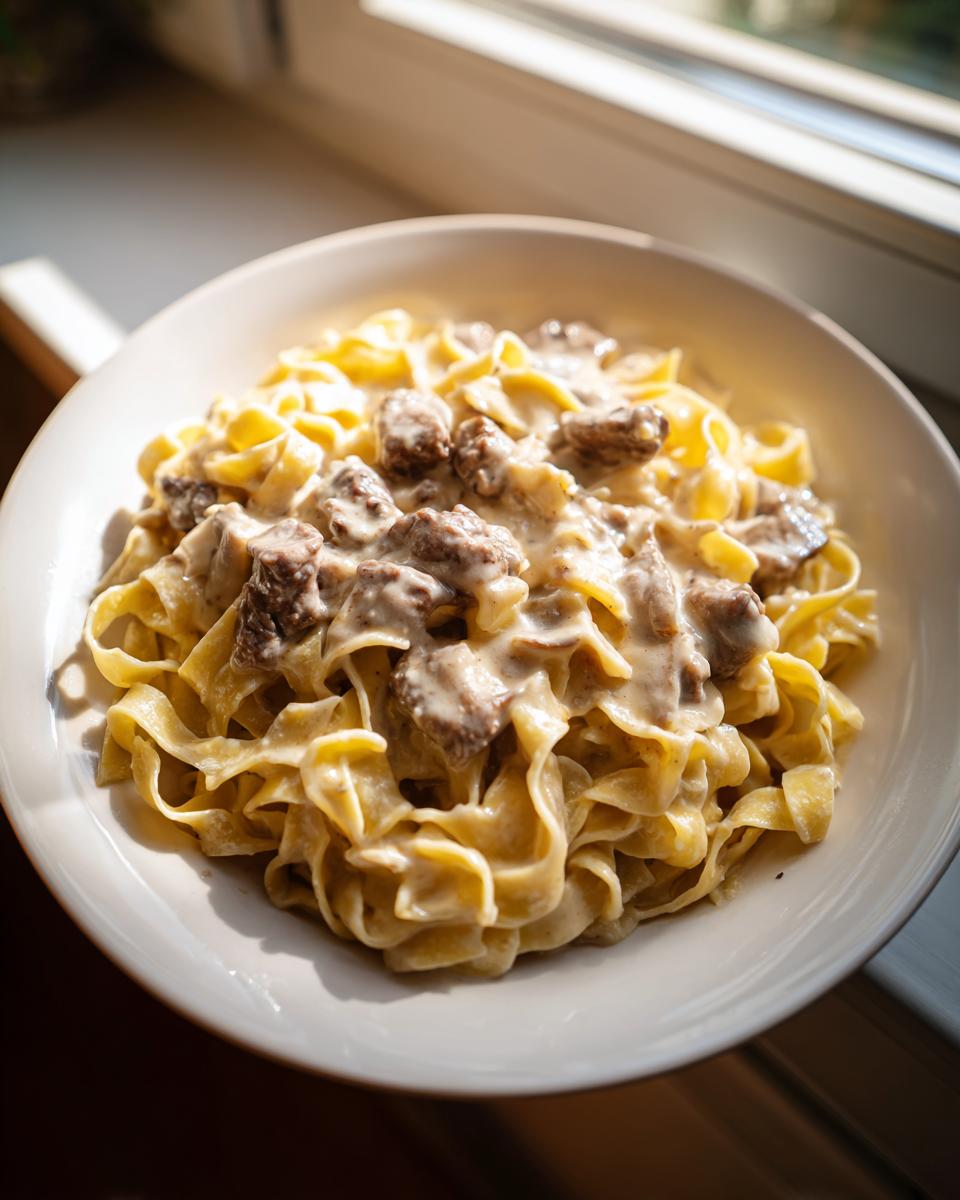 Teller mit cremigen Bandnudeln mit Rinderstreifen in Rahmsauce, schön angerichtet im hellen Licht.
