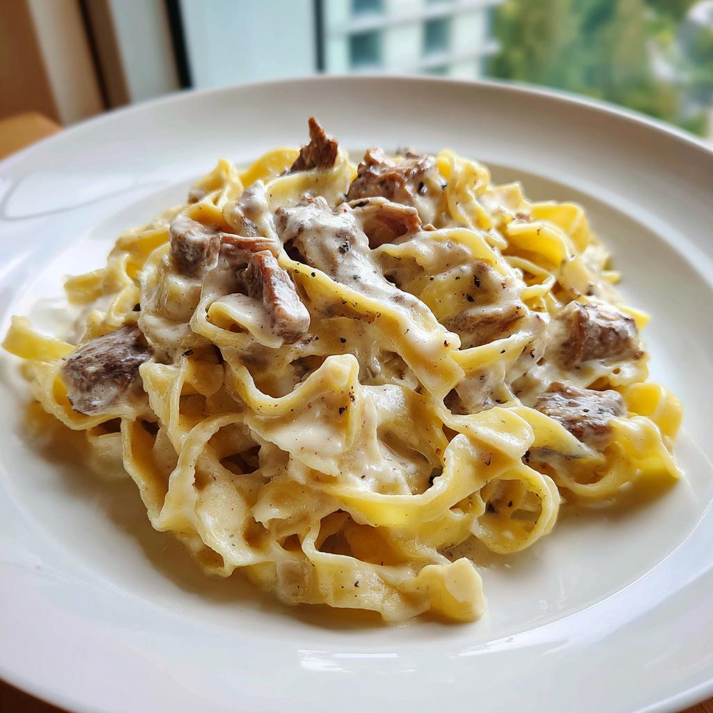 Teller mit cremigen Bandnudeln mit Rinderstreifen in Rahmsauce, perfekt angerichtet.