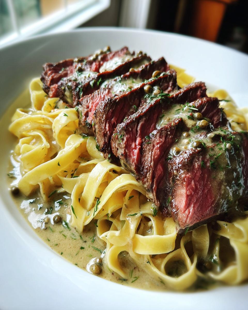 Aufgeschnittenes Steak auf Bandnudeln mit cremiger grüner Pfeffersauce und Kapern.