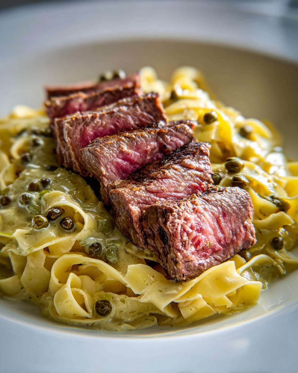 Gegrilltes, in Scheiben geschnittenes Steak auf Bandnudeln mit cremiger grüner Pfeffersauce und Kapern.
