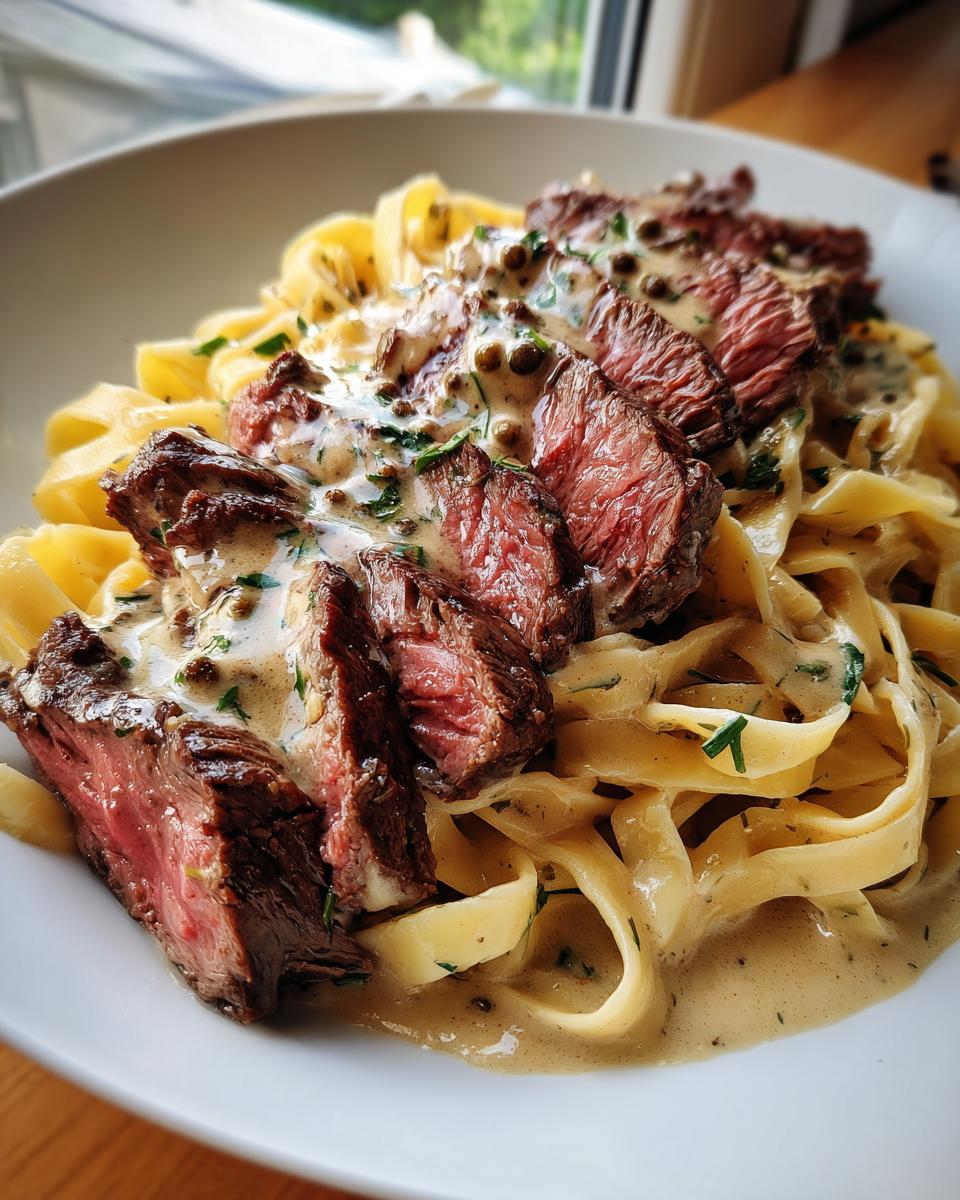 Teller mit saftigen Bandnudeln, aufgeschnittenem Steak und cremiger grüner Pfeffersauce.