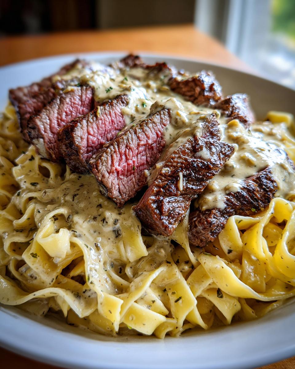 Teller mit saftigen Bandnudeln, belegt mit aufgeschnittenem Steak und cremiger grüner Pfeffersauce.